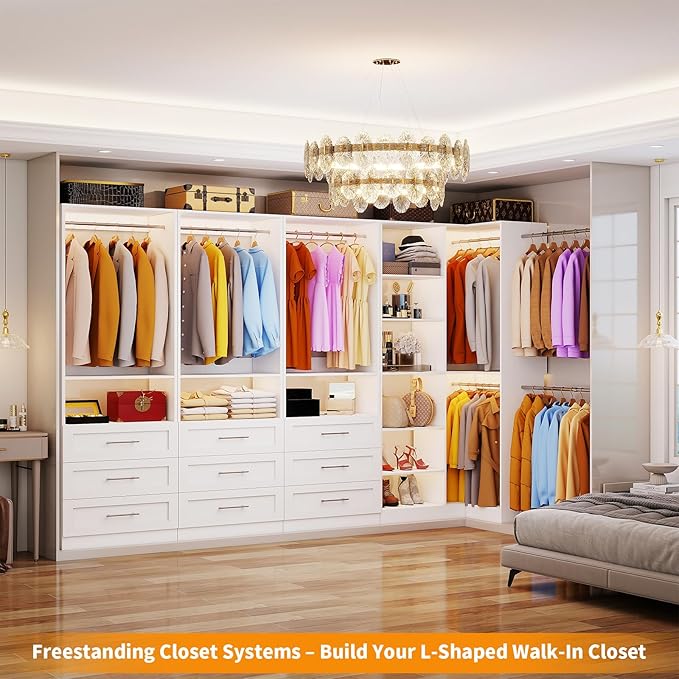 Closet System with 3 Drawers, Corner Closet Organizer Systems with 7 Shelves & 5 Hanging Rods L-Shaped Walk in Closet Freestanding Corner Tower Modular Storage System 2 Sets 1400+ Lbs Capacity White