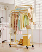Clothes Rack - Double Rods Clothing Rack with Mesh Shelf, Hooks & Wheels, Metal Clothing Racks for Hanging Clothes & Bags, Multifunctional Garment Rack for Laundry, Gold, 28.7" x 16.5" x 59.1"
