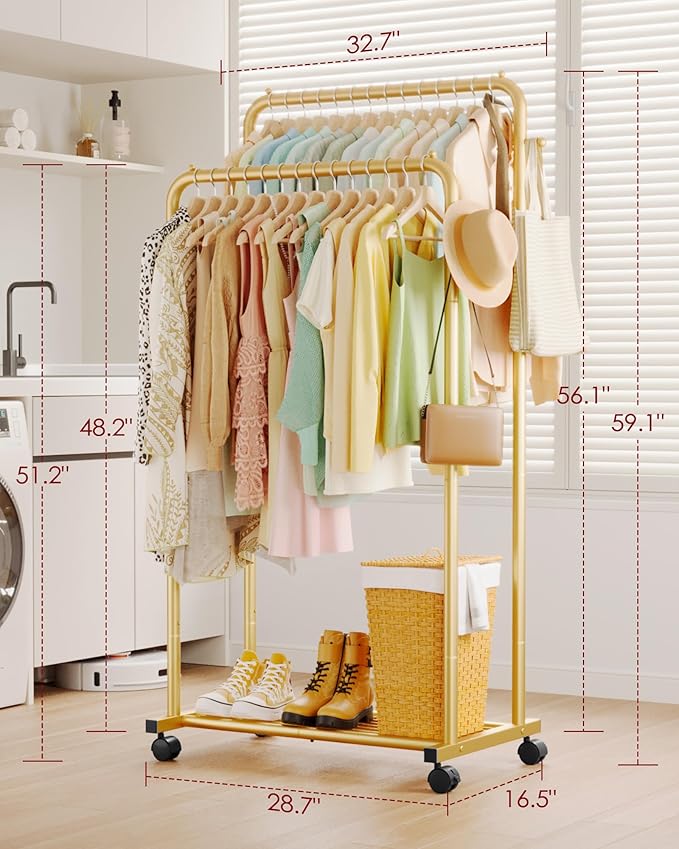 Clothes Rack - Double Rods Clothing Rack with Mesh Shelf, Hooks & Wheels, Metal Clothing Racks for Hanging Clothes & Bags, Multifunctional Garment Rack for Laundry, Gold, 28.7" x 16.5" x 59.1"