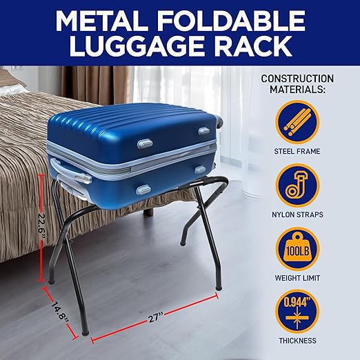 Lifemaster Metal Luggage Rack - Pack of 3 Foldable, Easy Assembly, Space Saving, and Stylish Steel Frame Guest Suitcase Stands with Nylon Straps - Black