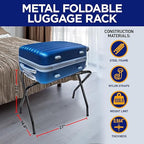 Lifemaster Metal Luggage Rack - Pack of 3 Foldable, Easy Assembly, Space Saving, and Stylish Steel Frame Guest Suitcase Stands with Nylon Straps - Black