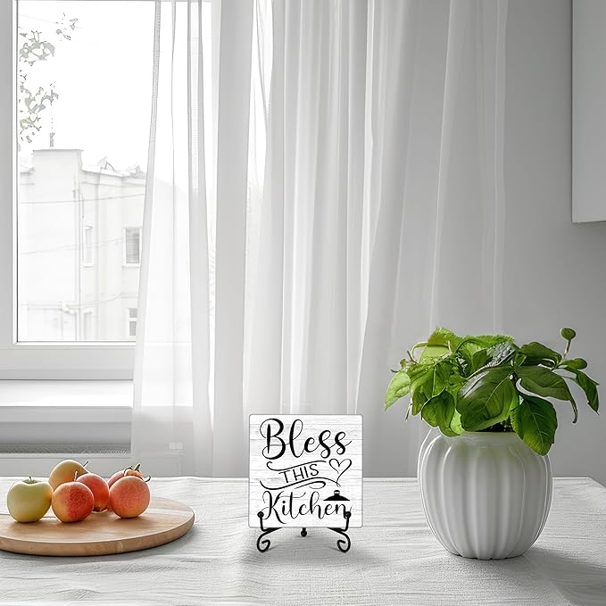 Kitchen Counter Decor, Table Decorations for Dining Room, Blessd Sign, Fun Farmhouse Kitchen Wooden Plaque with Iron Stand for Table Shelf Display-A02