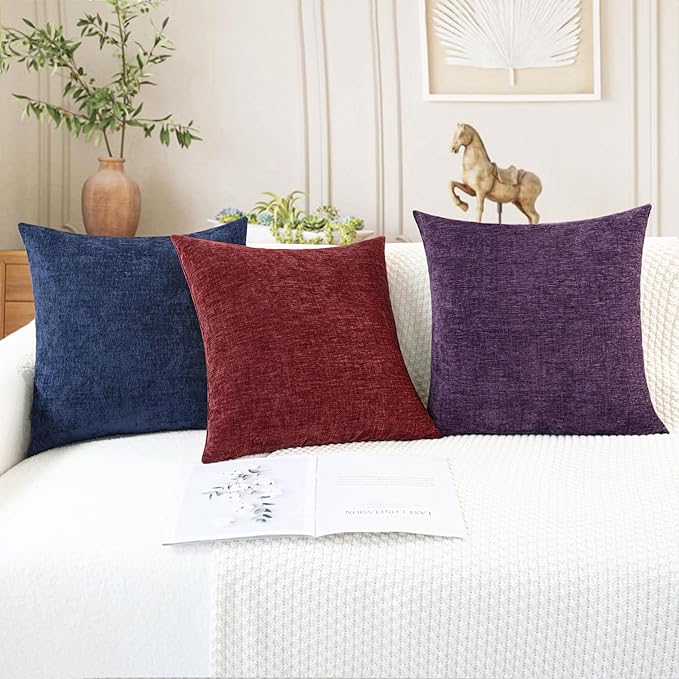 CaliTime Throw Pillow Covers Decorative 18 X 18 Inches Pack of 4 Cozy Chenille Cushion Cases for Couch Sofa Bed Living Room Home Plum Purple