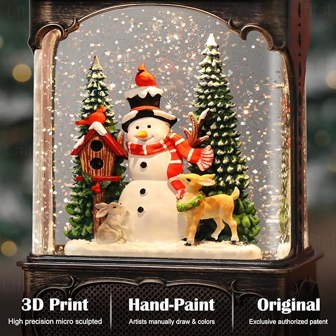 Christmas Snow Globes Snowman Snow Globe Lantern, Lighted Christmas Decorations Indoor for Home with Music Timer Glitter, Deer Cardinal Scene Musical Festival Gifts, USB & Battery Operated
