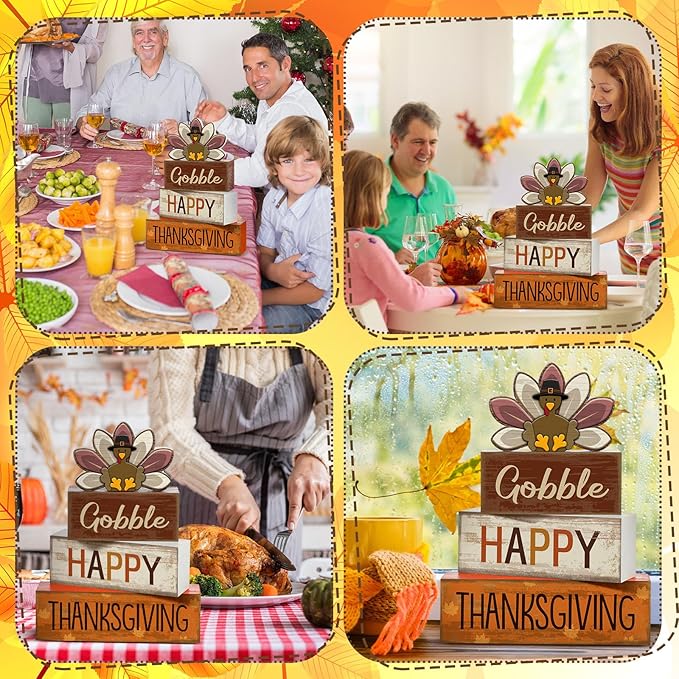 Lineshading 4 Pcs Fall Decorations for Home Wooden Turkey Decor Thanksgiving Table Centerpiece Fall Tiered Tray Decor Rustic Wooden Turkey Block Sign for Autumn Harvest Party Table Kitchen Shelf