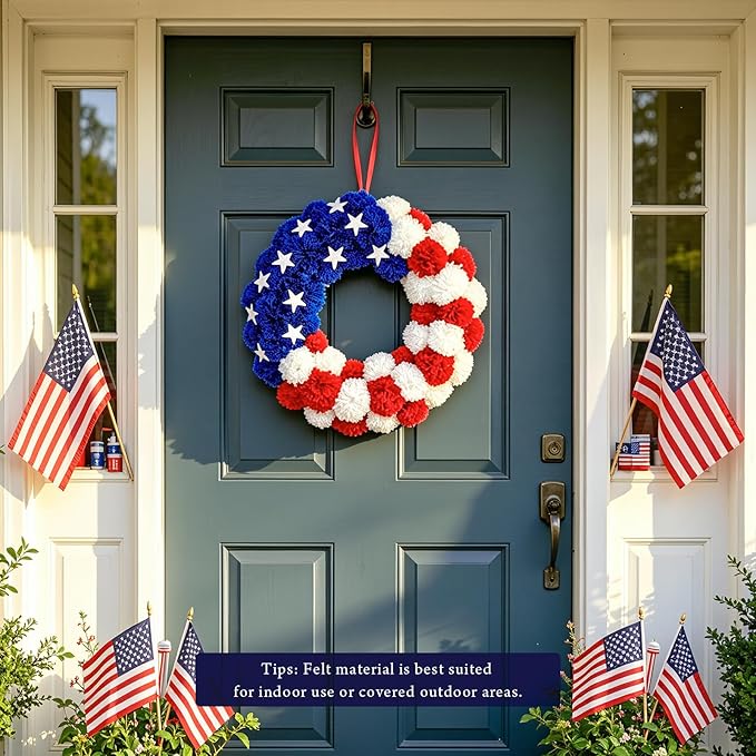 Patriotic Wreath 18 Inch American Flag Wreath for Front Door, Americana Plush Ball Red White and Blue with Stars Decor for 4th of July Memorial Day Veterans Day