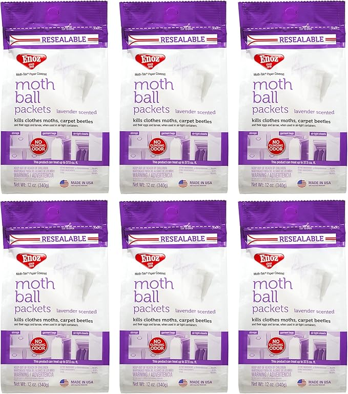 Enoz Moth-Tek Packets, Kills Clothes Moths and Carpet Beetles, Resealable Bag, Single Use Packets, Lavender Scent, 12 oz, Pack of 6