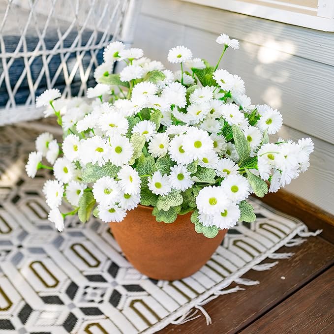 HyeFlora Dahlia Artificial Flowers for Outdoors Spring Summer Decor, 6 Bundles Fake Daisy White Faux Flowers Plants Realistic UV Resistant Silk Flowers for Outside Planter Front Door Yard Garden Home