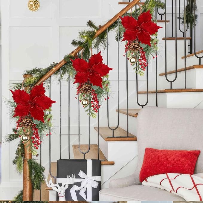CITYES Christmas Swag Artificial Teardrop Swag Wreaths with Pinecones Red Berry Golden Ball Poinsettia Artificial Christmas Teardrop for Xmas Decor Front Door Outdoor Indoor Wall Mailbox
