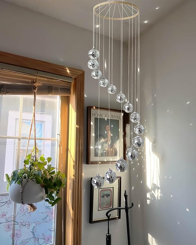 Disco Ball Mobile Spiral Spinner Ball with Bamboo Circle, 36 Inch for Outdoor Indoor Garden Yard Patio Home Decoration Birthday Wedding Party