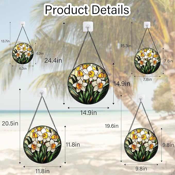 Stained Glass Window Hanging, Yellow and White Daffodils Sun Catcher for Door Home Decor Plants Flowers Suncatcher Christmas Mother's Day Birthday Gifts for Women Men Mom Nana 6.3 in