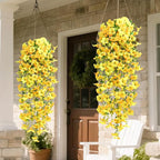 Waipfaru Artificial Petunias Flowers for Outdoors, 2 Pcs UV Resistant Fake Hanging Plants Spring Outside Decor, Faux Silk Flowers Long Trailing Vines for Outdoor Planters Porch Garden (Yellow)