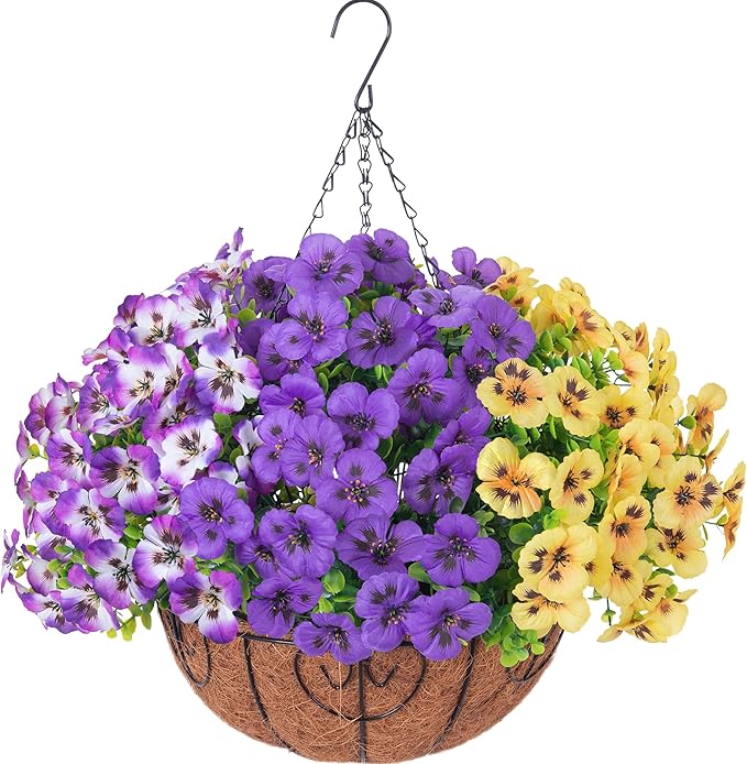 Ivydale Artificial Pansies Hanging Plants, 20 Bundles Fake Flowers for Outdoor Decoration, Silk Pansy Realistic Plants UV Resistant for Front Porch Balconies Yard (3-Mixed Color)