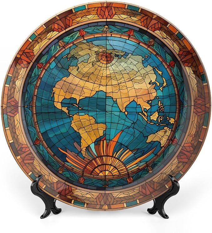 Decorative Plate for Home, Vintage Map of The World Stained Glass Print Tray for Table Display, Ceramic Dinner Plate Living Room Decor, Gifts for Adventure Lover Wanderlust, 10 Inch