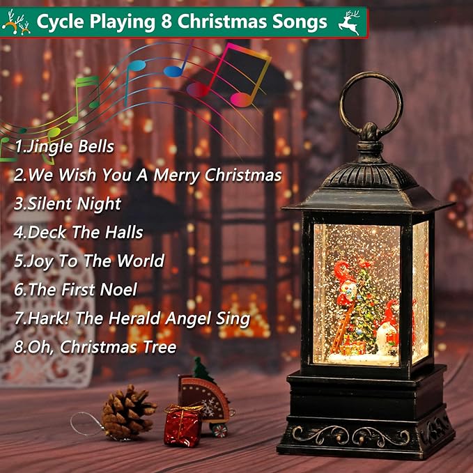 Christmas Snow Globe Decorations, Musical Glitter Red Gnome Lantern with 6H Timer, USB/Battery Powered Lighted Décor for Home, Tabletop, Gift Box