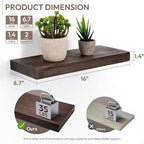 Marsmiles 16 inch Floating Shelves for Wall Solid Elm Wood Shelves|Rustic Wall Shelves with Heavy-Duty Invisible Bracket for Bathroom Living Room Kitchen|Walnut, 2 Pack