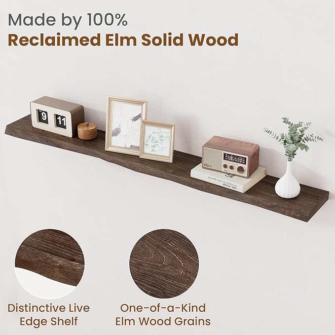 FLYJOE Floating Shelves for Wall Decor, Rustic Solid Elm Wood Live Edge Floating Shelves Wall Mounted, Wall Shelves with Invisible Bracket for Living Room Bathroom Bedroom Kitchen, 55 Inch, Walnut