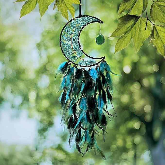 Moon Dream Catchers with Chakra Gemstone Agate Stone, Crystal Tree Life Dream Catchers Wall Hangings Room Decor (Green)