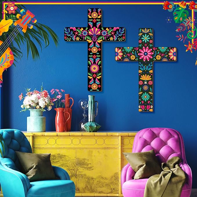Pinkunn 2 Pcs Mexican Floral Cross Wall Decor Mexican Wall Art Hand Painted Decorative Inspirational Wooden Floral Cross Spanish Crucifix Decor for Home Room Church Decoration