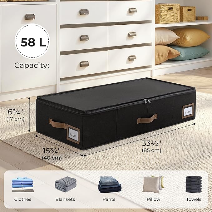 GRANNY SAYS 6.5-Inch Foldable Underbed Storage Box with Lid, Sturdy Frabic Organizer with Reinforced Bottom for Clothes, Shoes, Low-Profile Underbed Container for Bedroom, Closet,2 Pack, Black