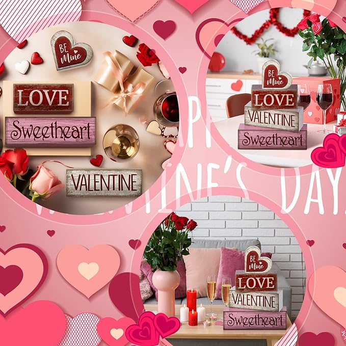 Lineshading 4 Pcs Valentine Table Decoration Wooden Be Mine Heart Decor Valentine Day Tiered Tray Decor Valentine's Day Centerpiece Red Pink White Heart Block Signs Gift for Farmhouse Home Kitchen