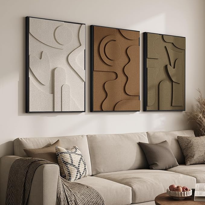 Large Framed 3D Textured Abstract Wall Art for Living Room, 3 Piece Modern Geometric Pictures Wall Decor, Neutral Minimalist White Brown Paintings for Bedroom Dining Room Hallway Office, 24x36 In