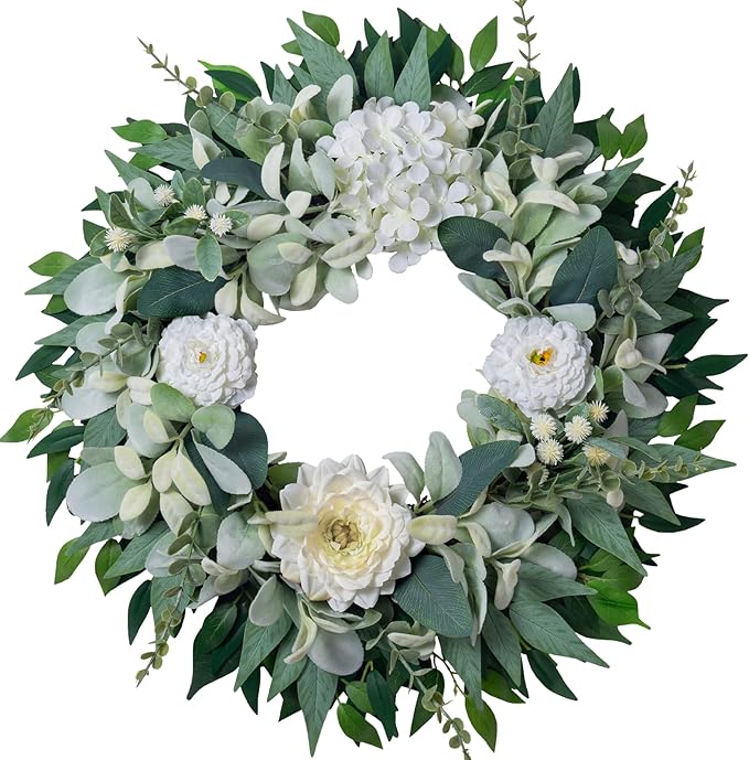 Spring Summer Wreath for Front Door Year-Round, 20" Artificial Greenery Wreath for Porch Wall Window, Farmhouse Holiday Decor with Lamb’s Ear Hydrangea Peony