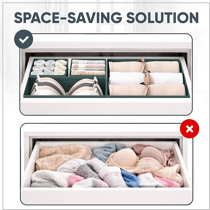 Drawer Organizer Clothes – Set of 6 Foldable Fabric Storage Bins for Dresser & Closet, Strong Structure, Fragrance Sachets Included, Organize Underwear, Socks, Baby Items, Green