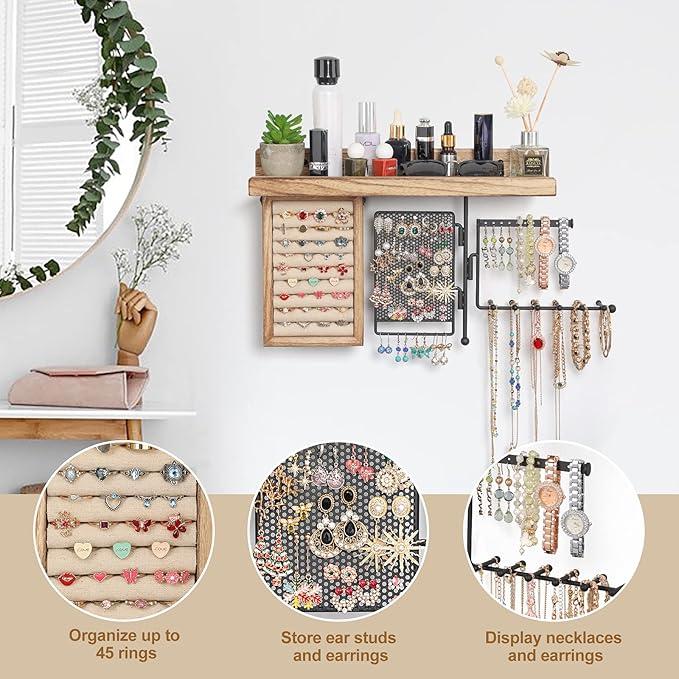 SOLIMINTR Hanging Jewelry Organizer Wall Mount with Rustic Wood Shelf, Ring Display Box, Ear Studs Earring Holder, Rotating Necklace Holder Organizer