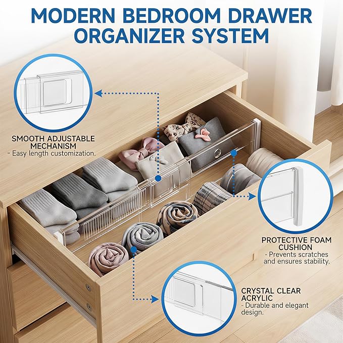 LETGO 8 Pack Drawer Dividers 6" High - Tall Acrylic Drawer Divider for Clothes, 12.3-18" Adjustable Dresser Deep Drawer Dividers,Expandable Dresser Separators for Kitchen Office Baby Clothing (8)