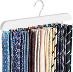 Upgraded Tie Rack Hanger with 20 Foldable Metal Hooks, Space Saving Necktie Organizer for Men – Large Capacity Tie and Belt Wooden Hanger for Closet - White