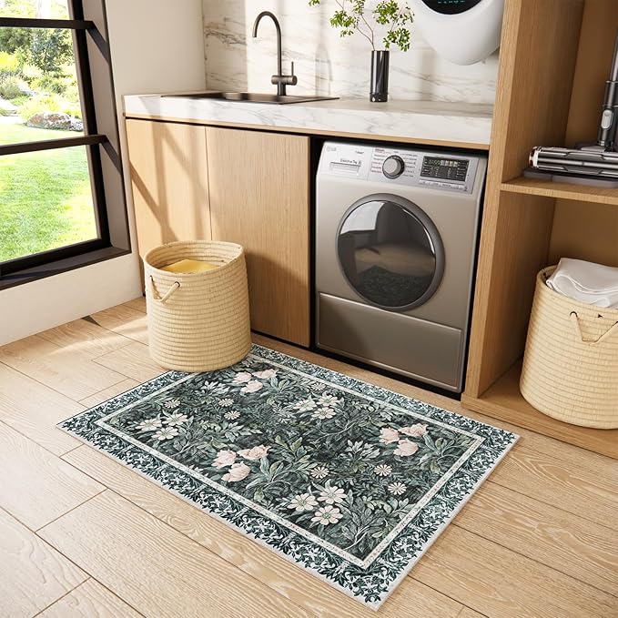 Washable Entry Vintage Floral with Ornate Border Rug 2x3 - Front Door Rugs Indoor, Non-Slip Bathroom Small Rugs, Vintage Floral Style Rug for Kitchen, Perfect for Entryway Décor