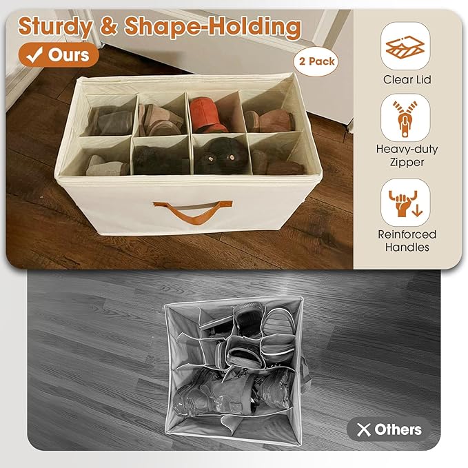 Shoe Organizer for Closet, 2-Pack Foldable Shoe Storage Box with Adjustable Dividers & Clear Cover, Fits 16 Pairs, Beige, Durable and Space-Saving