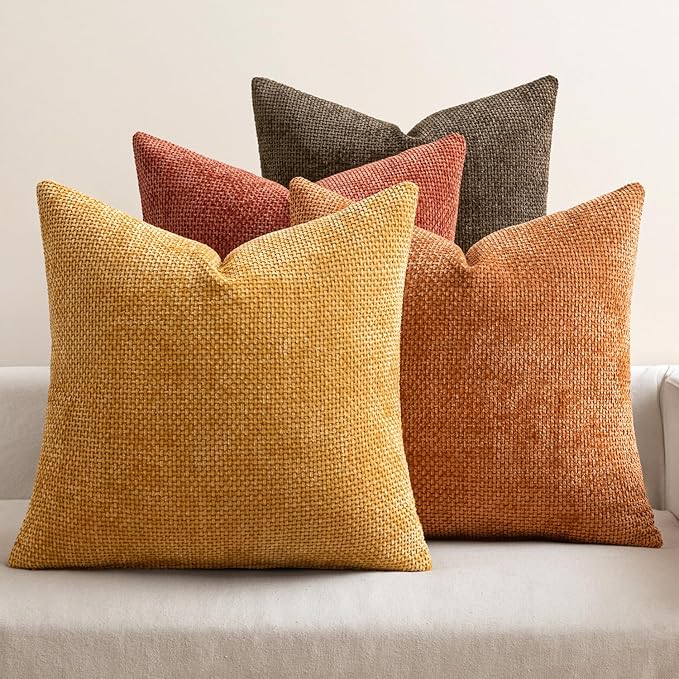 MIULEE Pack of 4 Orange/Yellow Couch Throw Pillow Covers 18x18 Inch Halloween Soft Decorative Chenille Pillows Farmhouse Accent Cushions for Boho Home Decor Spring Sofa Bedroom Living Room
