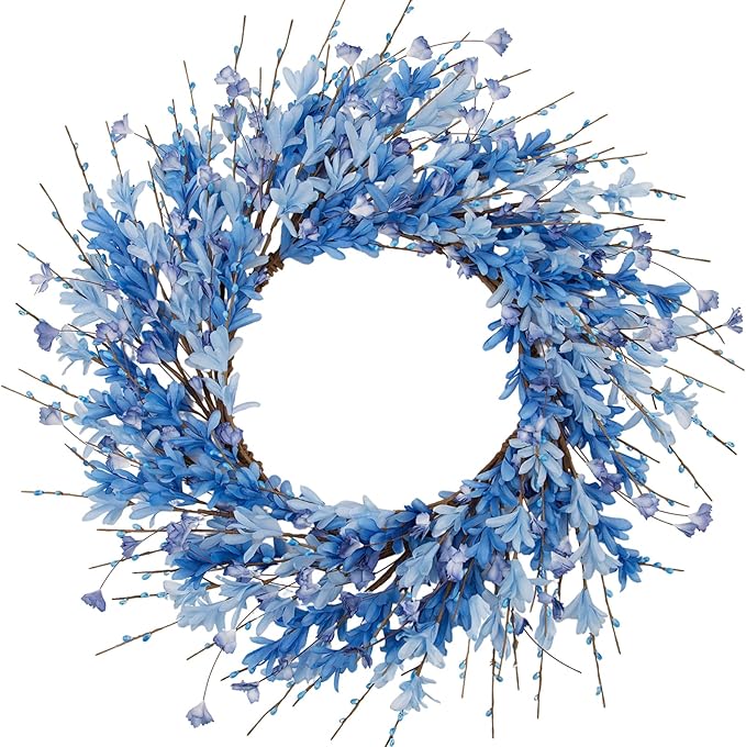 24 Inch Artificial Blue Forsythia Flower Wreath, Silk & Paper Bridal Floral Wreath for Front Door, Elegant Beach Nautical Themed Wedding & Spring Summer Decor, All Season Farmhouse Porch Wall Decor