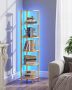 TUTOTAK Corner Shelf with LED Light, 6-Tier Corner Bookshelf for Small Space, Narrow Display Corner Shelf Stand with Storage Rack, for Living Room, Bedroom, Natural BS08BN006L