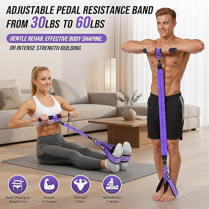 Upgrade Pedal Resistance Band with Handle, Adjustable Tube Foot Pedal Device Puller Exercise Bands, for Abs Arm Leg Waist Workout, Core Pilates, Sit Up Fitness Equipment for Full Body Training