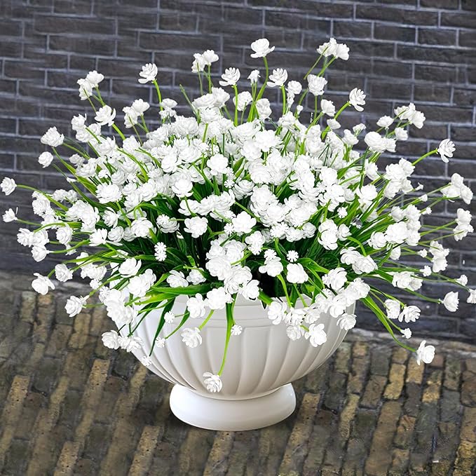 TURNMEON 20 Bundles Artificial Flowers for Outdoors Fake Plants Spring Decor, UV Resistant Artificial Plants Cemetery Flowers Faux Plastic Greenery Shrub for Home Porch Summer Decor 500 Heads(White)