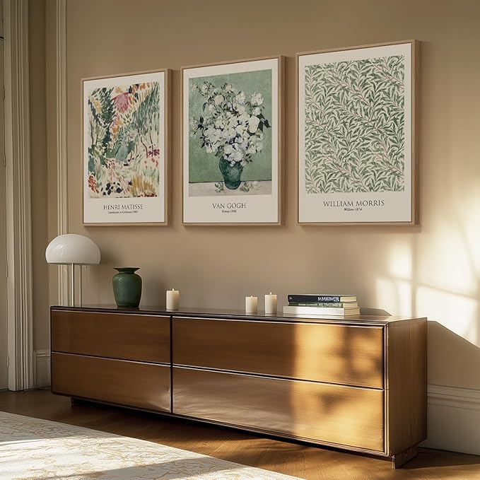 Large Framed William Morris Wall Art for Living Room, Set of 3 Vintage Sage Green Botanical Canvas Prints, Van Gogh Floral Plant Artwork for Bedroom, Hallway, or Home Office Decor, 24x36 Inch
