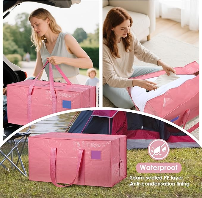 6 Pack Extra Heavy Duty Large Moving Bags with Reinforced Zipper & Wide Handles, Waterproof Storage Bins for Clothes, College Dorm, Travel, and Home Organization, Pink