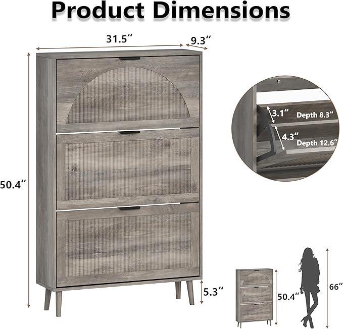 Shoe Cabinet for Entryway with 3 Flip Drawers, Slim Wooden Shoe Storage Organizer with Modern Fluted Pannel，Freestanding Narrow Hidden Shoe Rack for Hallway, Foyer, Living Room