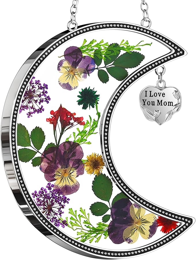 KY&BOSAM Moon Suncatcher Mom Gifts Stained Glass for Window Hangings Wind Chimes Decor with Pressed Real Flower and Metal I Love You Mom Heart Charm Birthday Gift for Women Mother`s Day Christmas