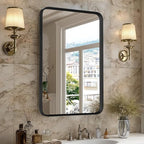 Sweetcrispy Bathroom Mirror 30x22 Inch Black Metal Framed Rounded Rectangle Vanity Mirror for Wall, Over Sink, Farmhouse, Restroom, Anti-Rust, Modern Decorative, Horizontal or Vertical Hanging