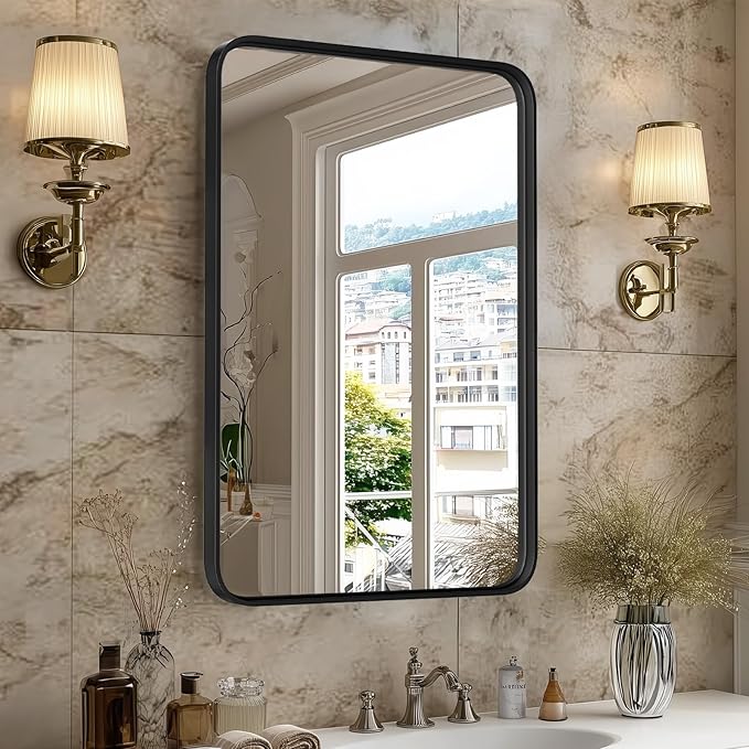 Sweetcrispy Bathroom Mirror 30x22 Inch Black Metal Framed Rounded Rectangle Vanity Mirror for Wall, Over Sink, Farmhouse, Restroom, Anti-Rust, Modern Decorative, Horizontal or Vertical Hanging