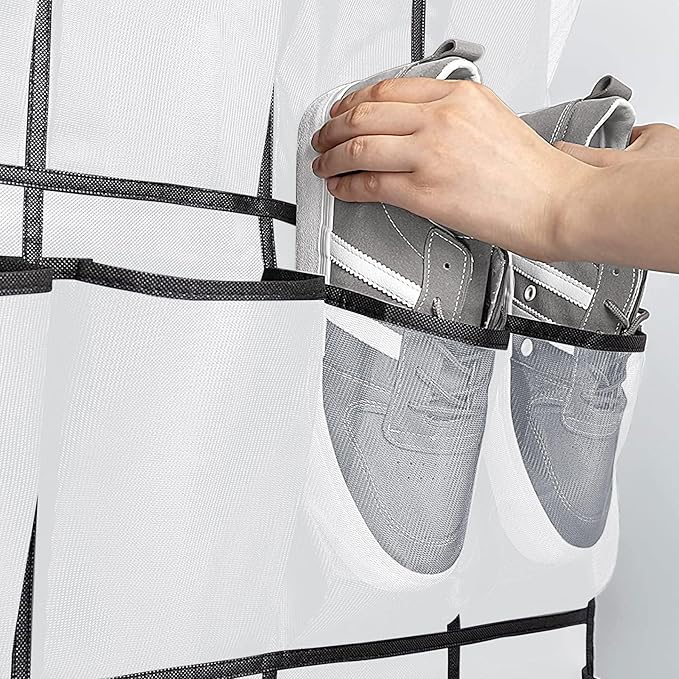 Over the Door Shoe Organizer, Hanging Shoe Organizer with 28 Mesh Large Pockets Door Shoe Rack Organizer, Space Saving Hanging Storage Holder, Hangs on Closets for Shoes, Accessories, White