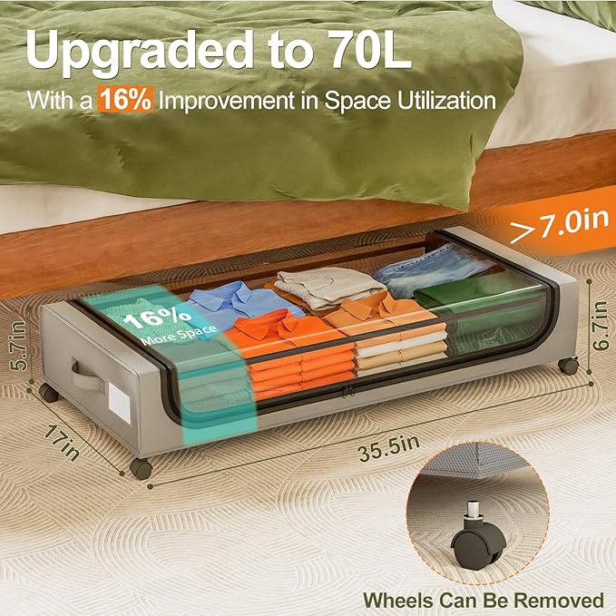 GoMaihe Under Bed Storage with Wheels: 70L Underbed Storage Containers with Lids - Rolling Bins for Shoes Clothes in Dorm Bedroom - Metal Drawers Easy Pull-out Grey 2-Pack