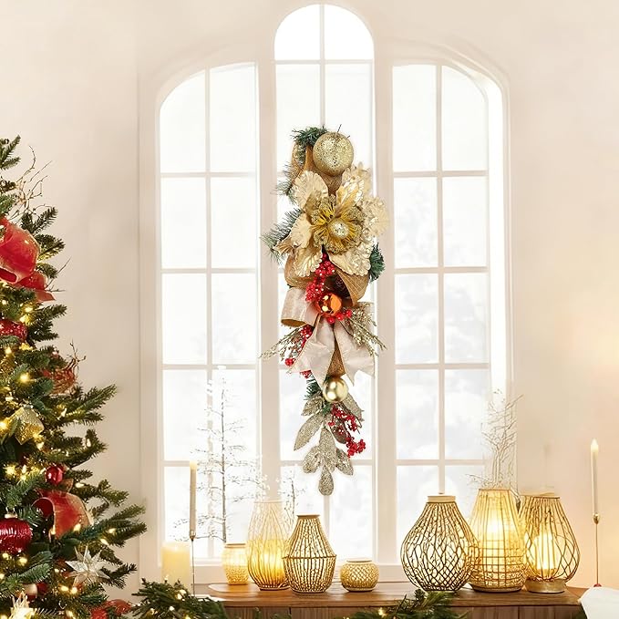 Gold Christmas Swag with Glitter Flowers, Ornaments, Pinecones and Ribbon Bow – 25.6" Teardrop Swag Christmas Front Door Decor Artificial Wall Door Hanging Holiday Decoration
