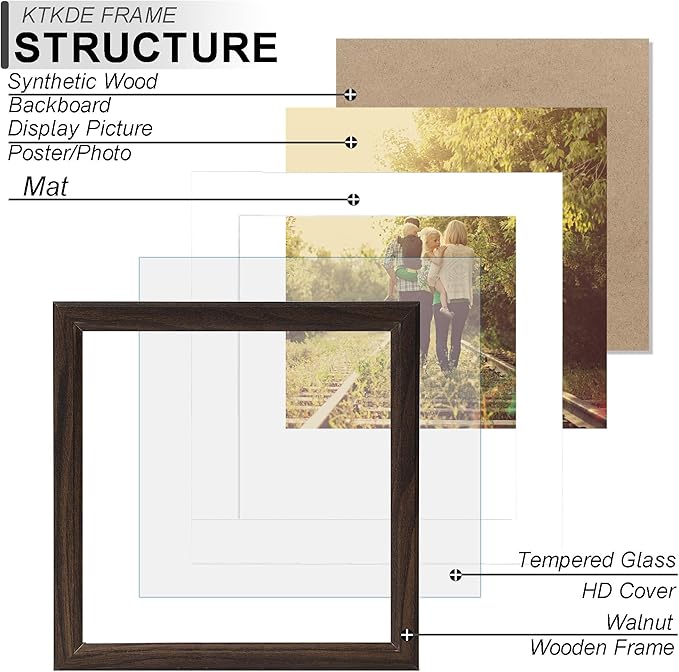 KTKDE 10x10 Picture Frame, Display 8x8 With Mat or 10x10 Without, Tempered Glass Wooden Square Photo Frame for Walnut Frame, Wall Gallery Poster Frame best gift