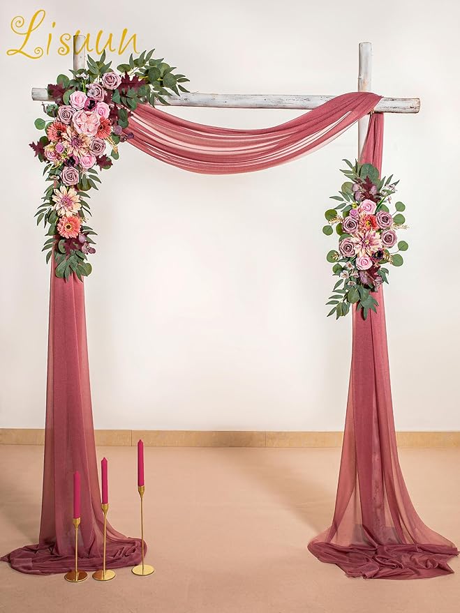 Lisuun Wedding Arch Flowers, Artificial Flowers for Decoration, 2pcs Flower Swag and 1 pcs Semi-Sheer Chiffon Table Runner Swag for Beautiful Dream Wedding Ceremony Floral Decor - Pack of 3