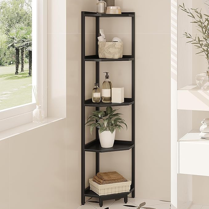 Hzuaneri Corner Shelf Stand, Corner Bookshelf, Storage Standing Shelf Unit with Metal Frame, Plant Stand, Bookcase for Living Room, Home Office, Bedroom, 5-Tier Black CS05906B